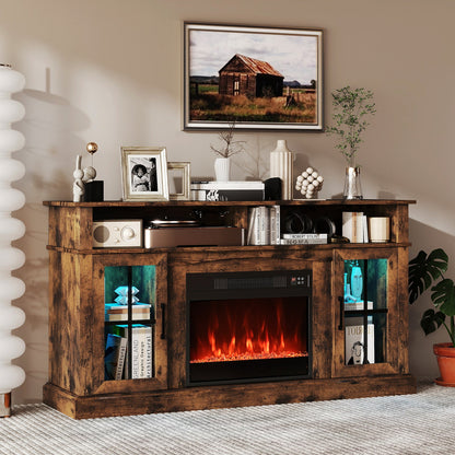 58 Inch Fireplace TV Stand with LED Lights with Storage Cabinets and Glass Doors