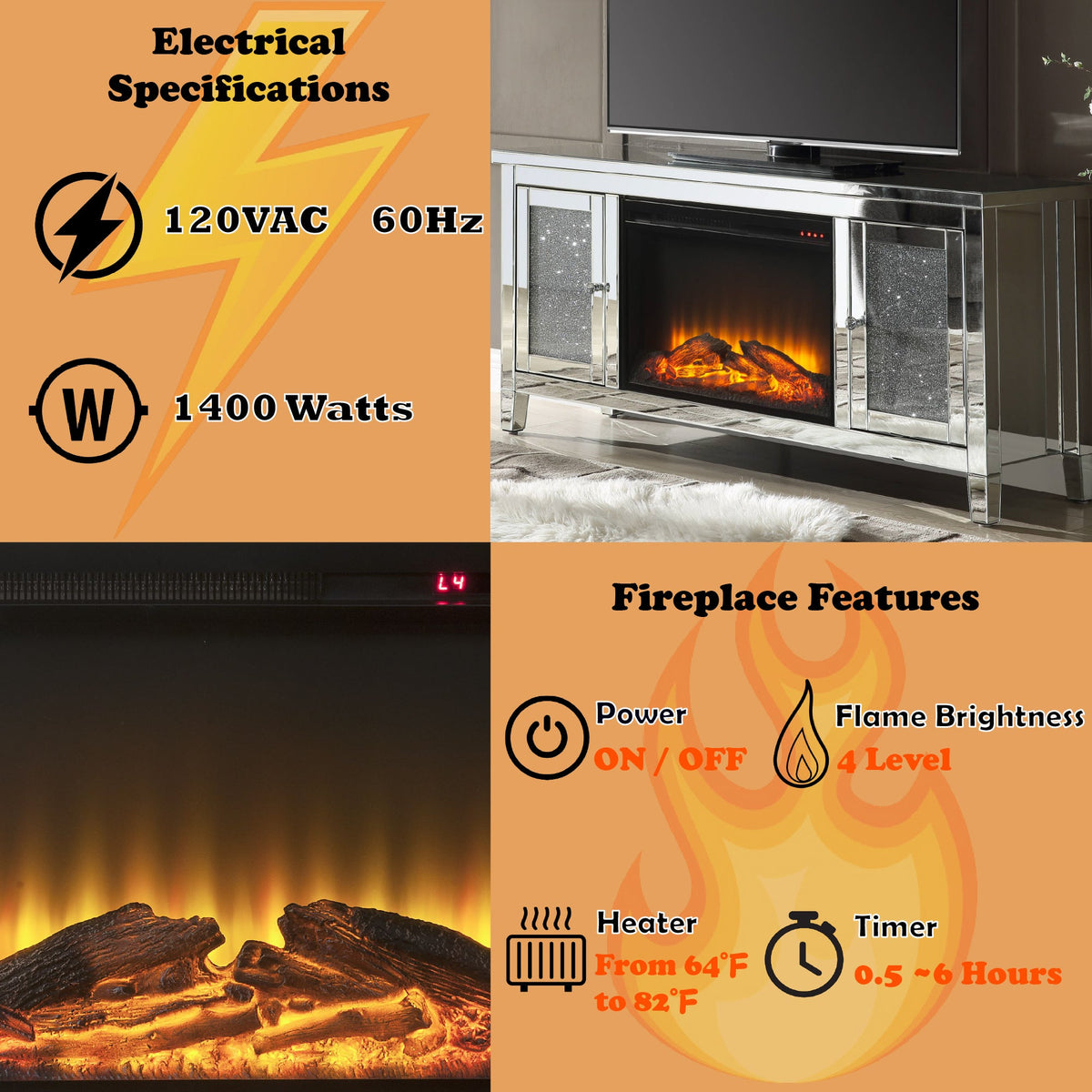 Mirrored TV Stand with LED Electric Fireplace - Noralie