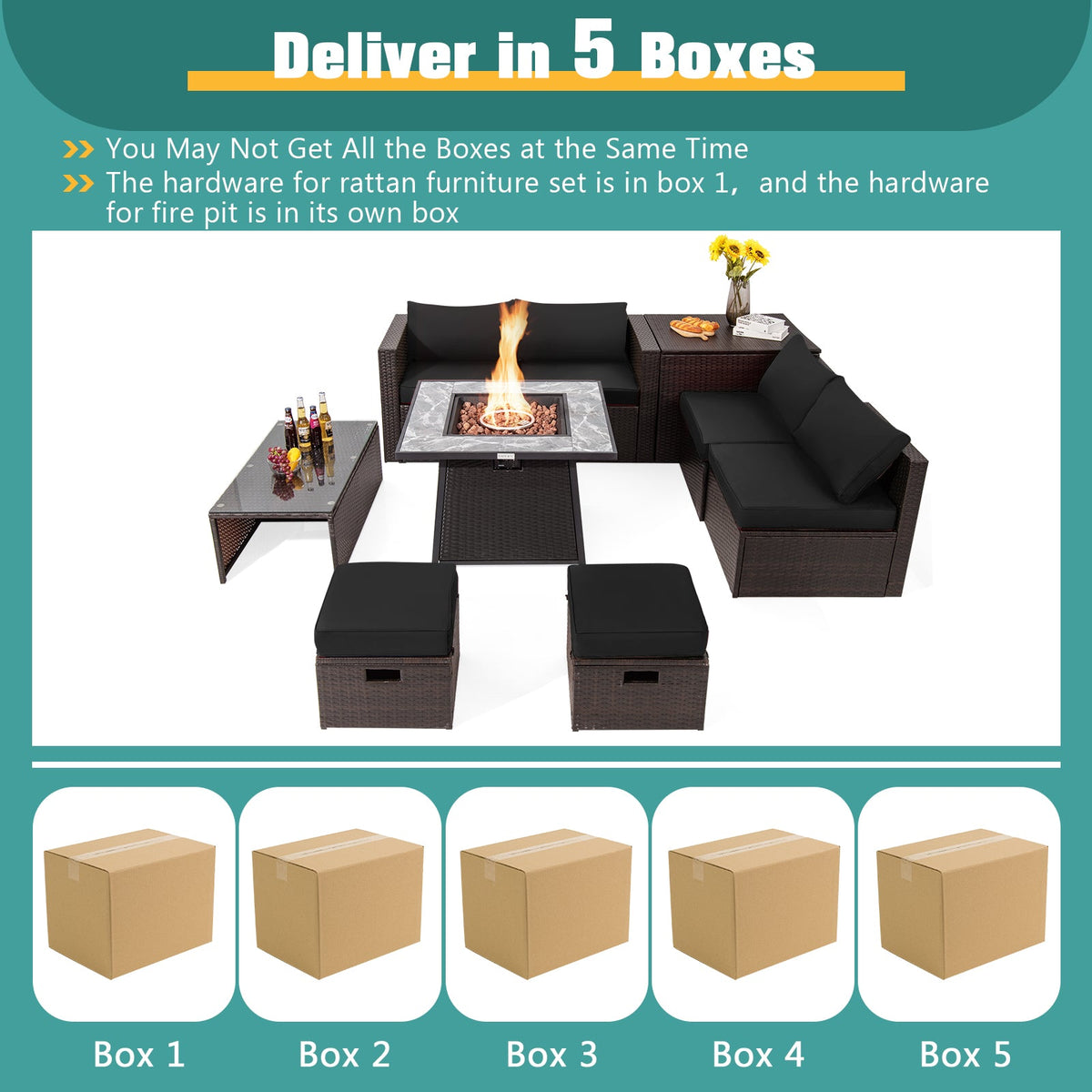 9 Pieces Patio PE Wicker Sectional Set with 50000 BTU Fire Pit Table