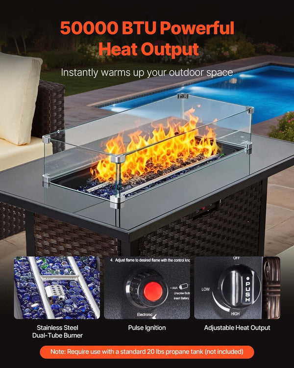 6-Piece Wicker Conversation Set with 50000BTU Propane Fire Pit Table