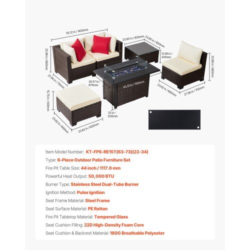 6-Piece Wicker Conversation Set with 50000BTU Propane Fire Pit Table