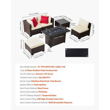 6-Piece Wicker Conversation Set with 50000BTU Propane Fire Pit Table