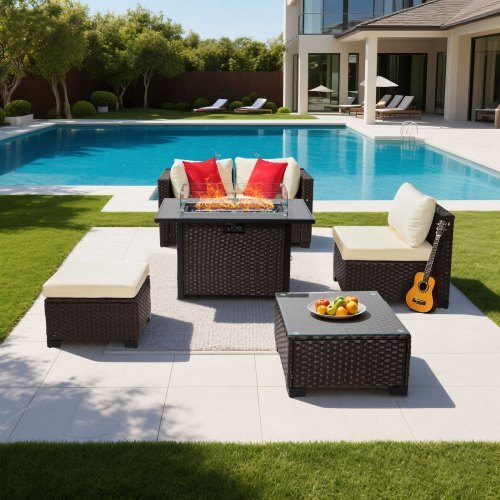 6-Piece Wicker Conversation Set with 50000BTU Propane Fire Pit Table