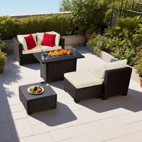 6-Piece Wicker Conversation Set with 50000BTU Propane Fire Pit Table