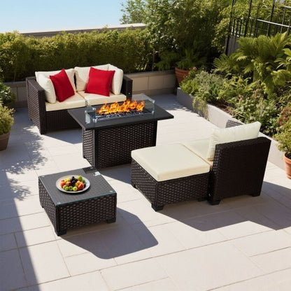 6-Piece Wicker Conversation Set with 50000BTU Propane Fire Pit Table