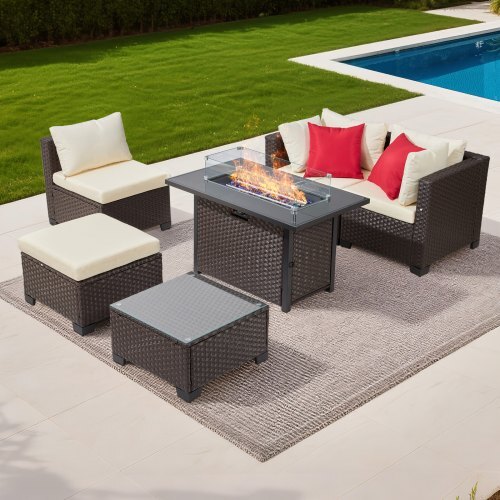 6-Piece Wicker Conversation Set with 50000BTU Propane Fire Pit Table