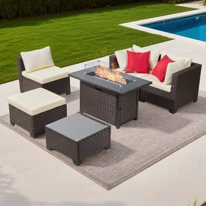 6-Piece Wicker Conversation Set with 50000BTU Propane Fire Pit Table
