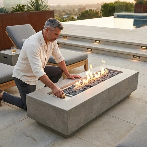 Concrete Fire Table Built for Modern Patios, 65,000 BTU Linear Burner, GFRC Shell, 5 Foot Length